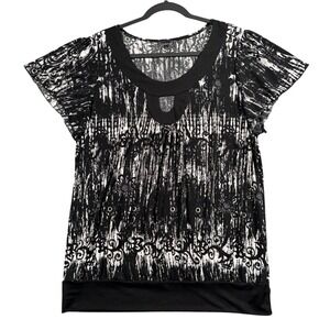 Judith‎ Black White Abstract Keyhole Blouse Flutter Sleeve Minimalist Top